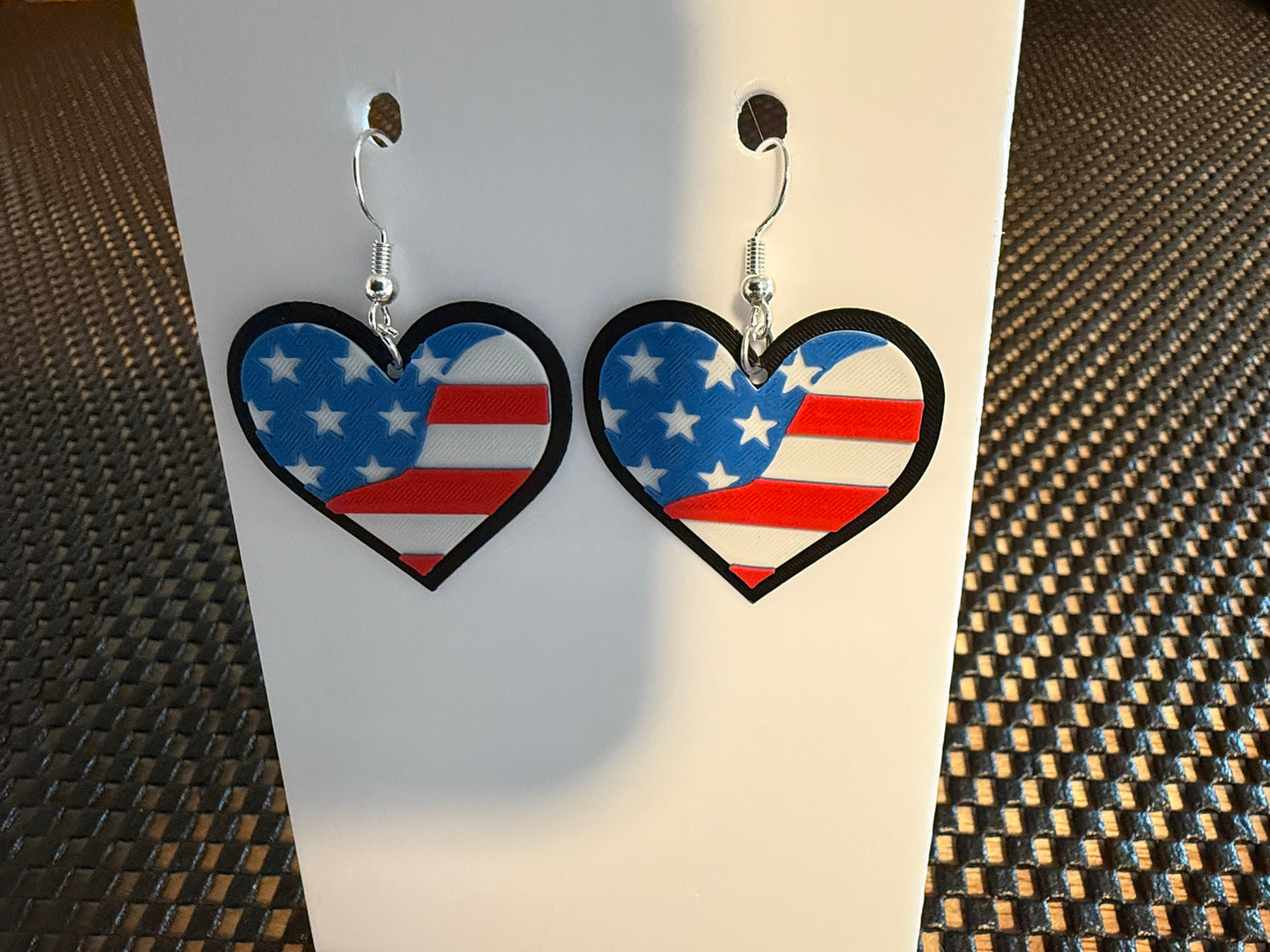 Sweetheart Patriot: 3D Printed Stars & Stripes Heart Earrings - Black border