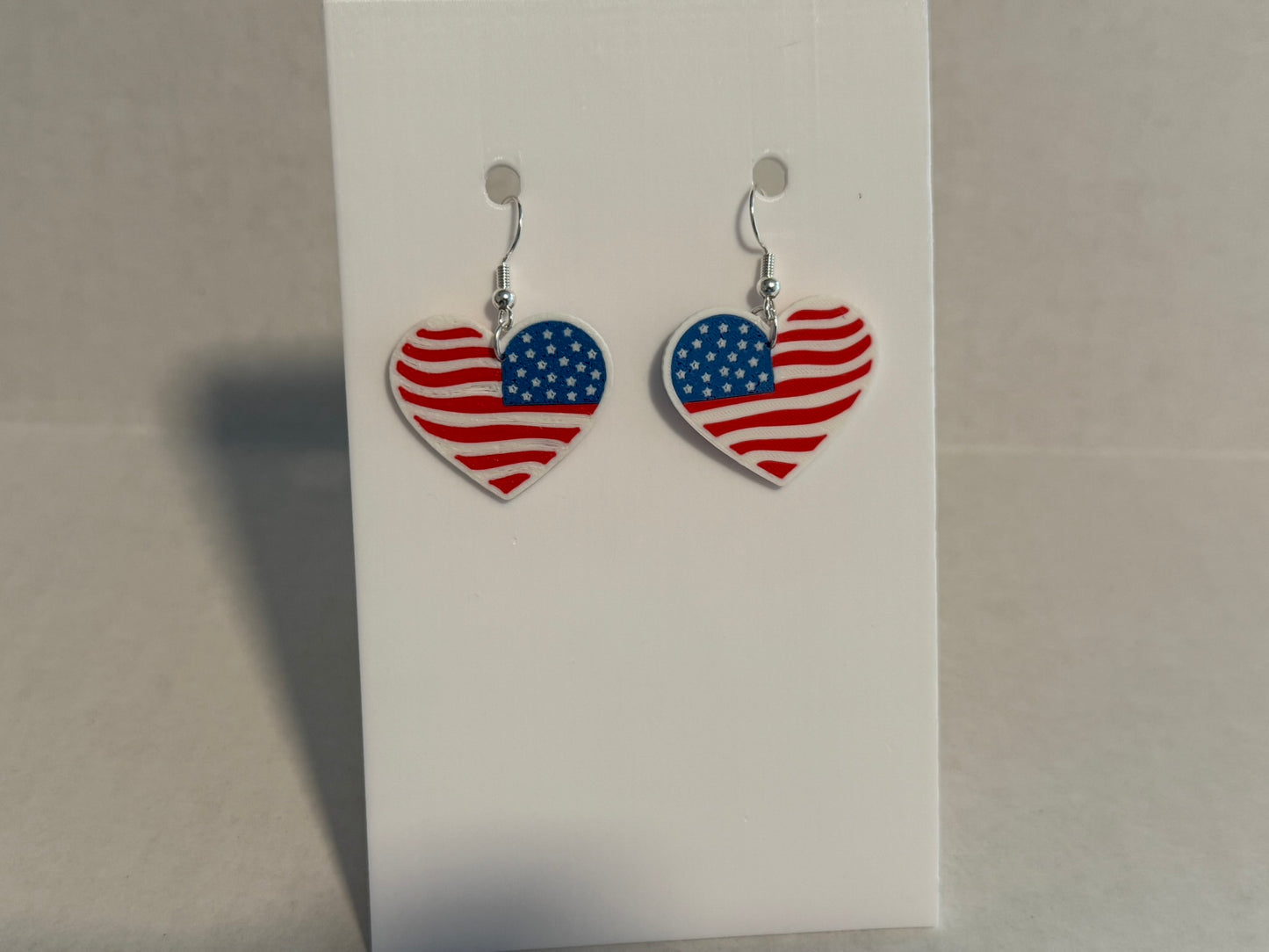 Sweetheart Patriot: 3D Printed Stars & Stripes Heart Earrings - White border