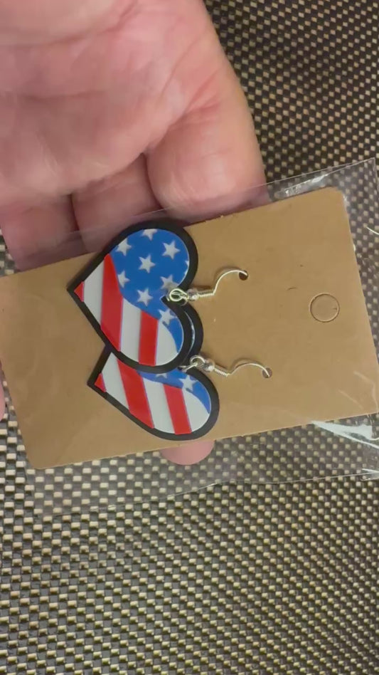 Sweetheart Patriot: 3D Printed Stars & Stripes Heart Earrings - Black border