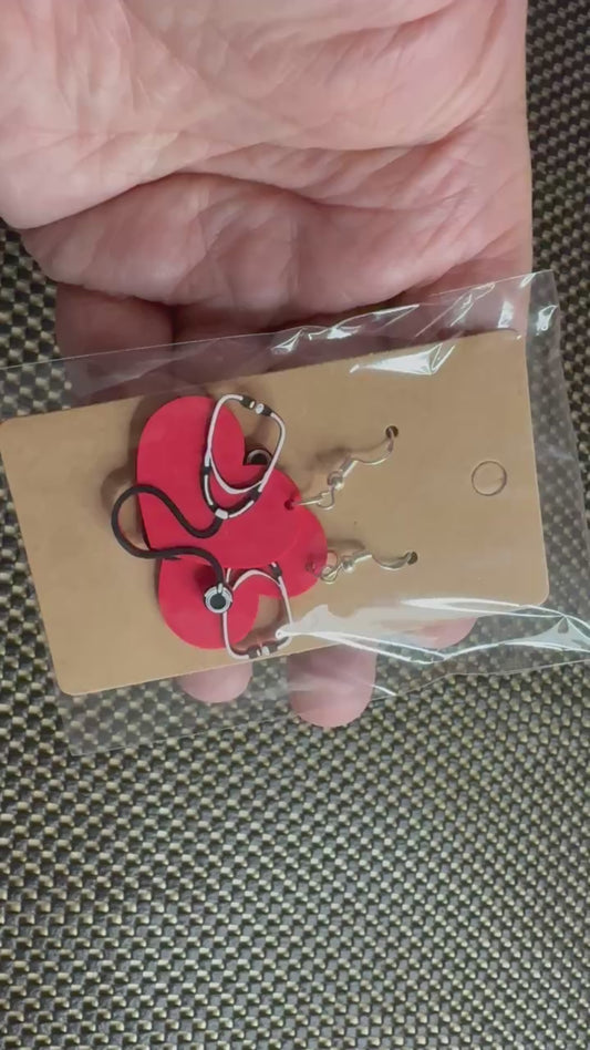 Red Heart with Stethoscope Dangle Earrings